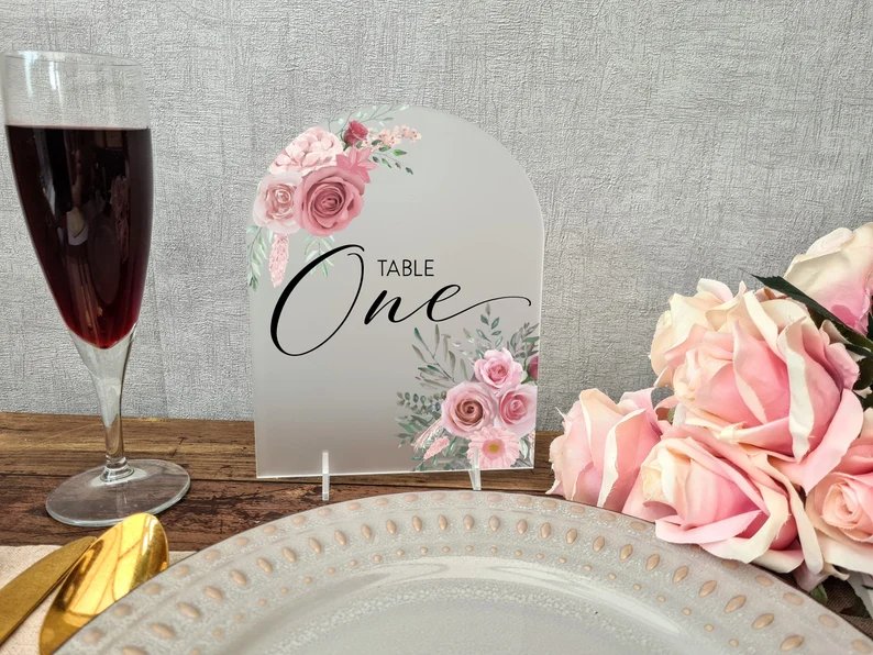 Acrylic Floral Pink Wedding Table Number