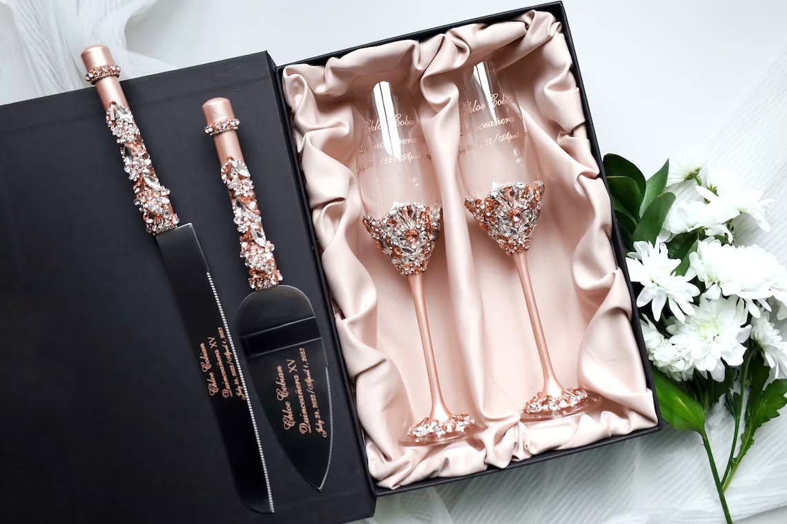 Rose Gold Wedding Toasting Flutes & Cake Server Set