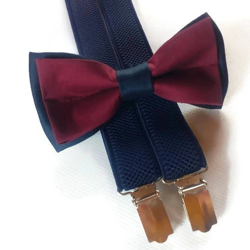 Navy Blue & Burgundy Groomsmen Bow Tie suspender Set