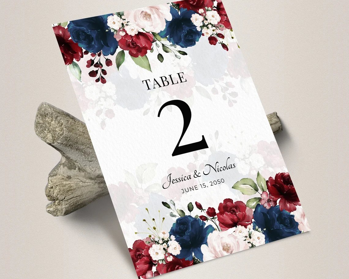 Floral Wedding Table Number Card Printable