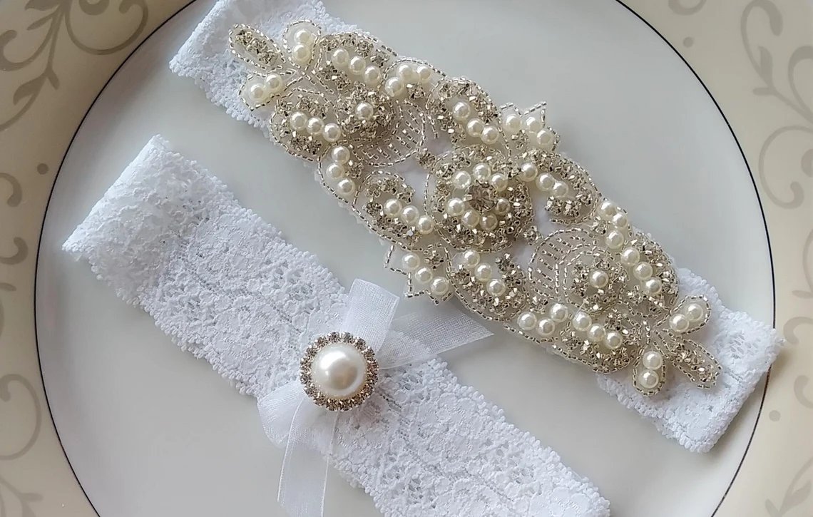 Rhinestone Pearl Bridal Garter Set