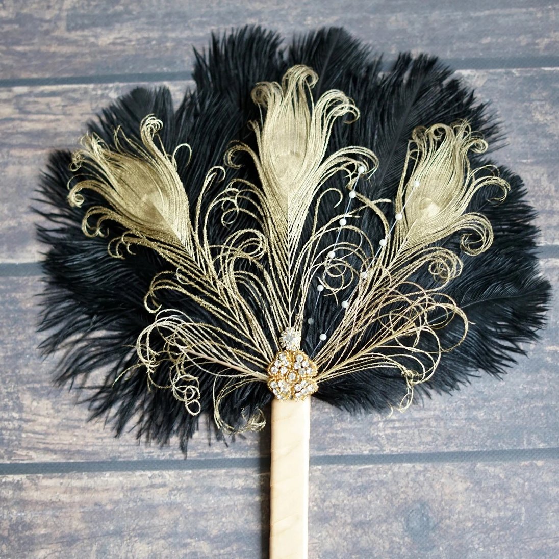 Black & Gold Feather Fan Great Gatsby Inspired  Bridal Bouquet