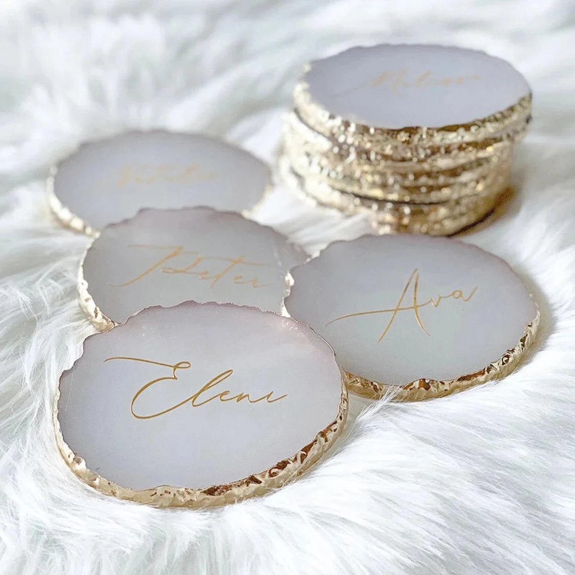 Gold Rim Wedding Place Card Name Coaster