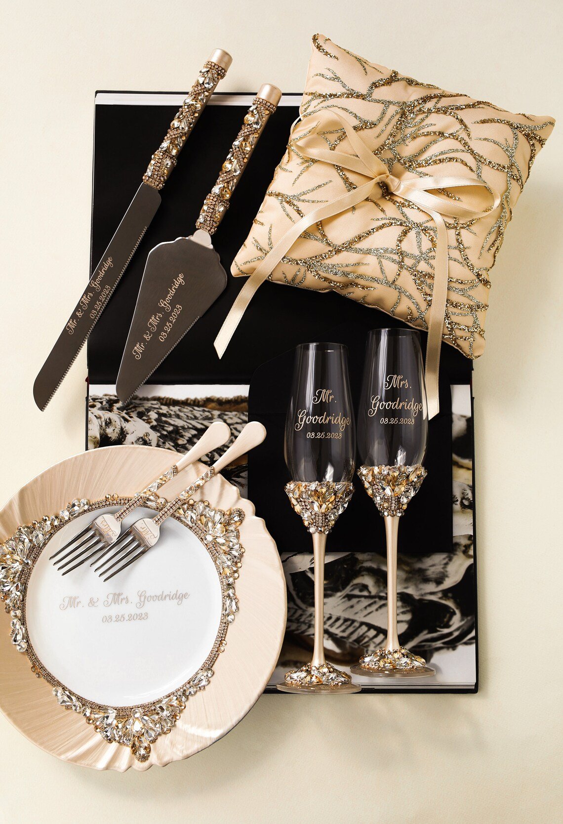 Ivory & Gold Wedding Toasting Flutes and Cake Serve Set Sparkling Wedding Decor