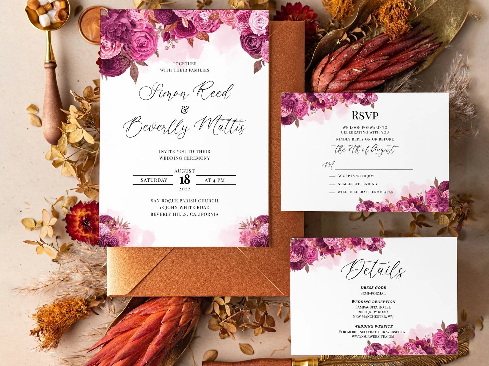 Magenta Floral Wedding Invitation Template