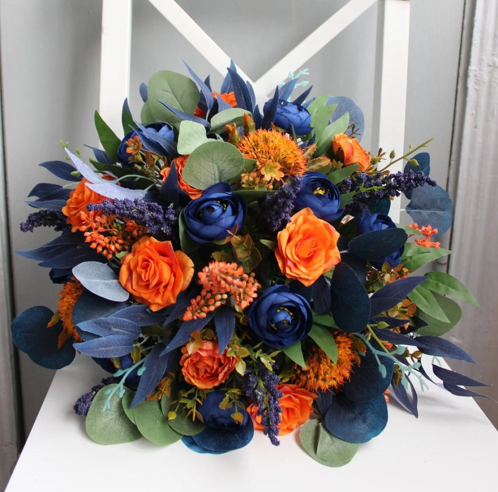 Burnt Orange & Navy Blue Bridal Flower Bouquet