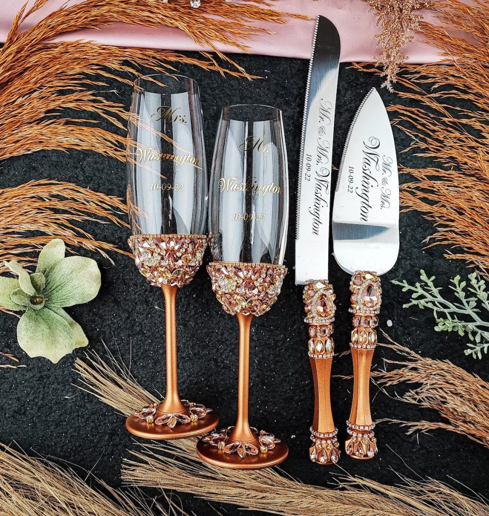 Burnt Orange Toasting Flutes & Cake Server Set