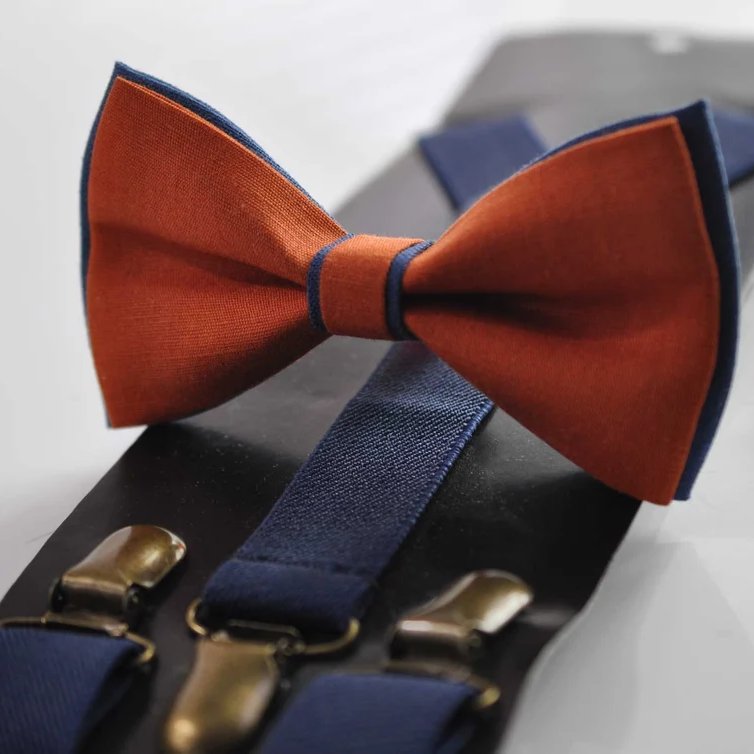 Burnt Orange & Navy Blue Bow Tie - Suspender Set