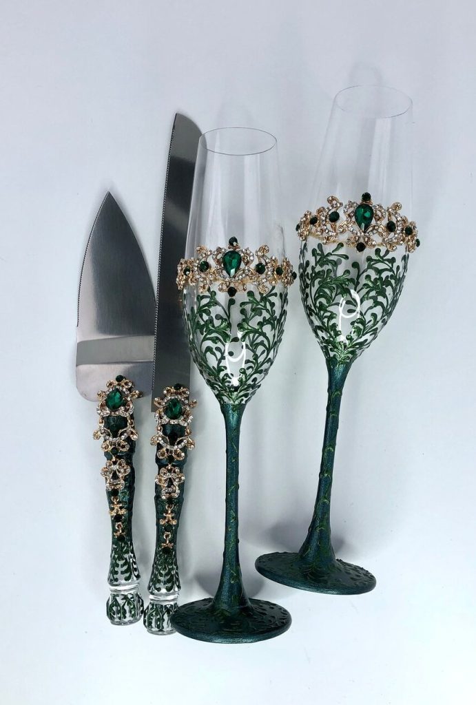 Emerald Green Wedding Toasting Flutes & Cake Server Set