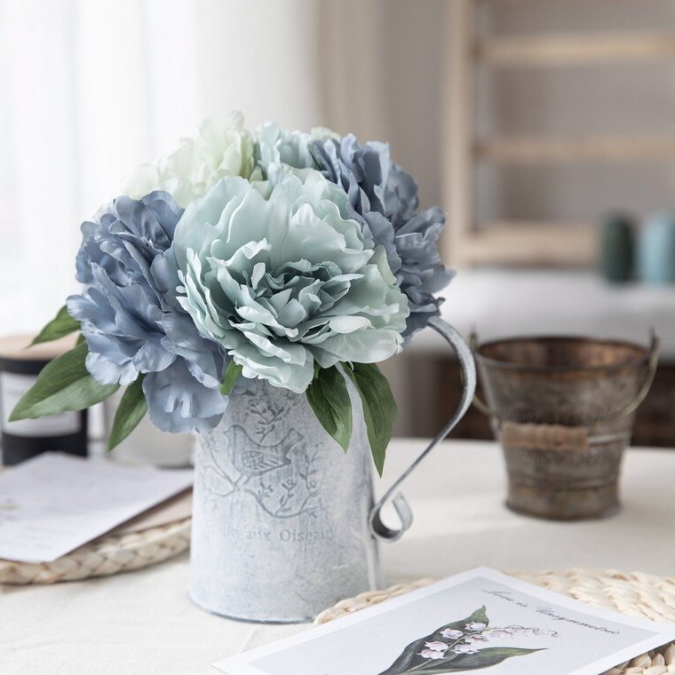 Dusty Blue Silk Peony Flower Bouquet Wedding Centerpiece