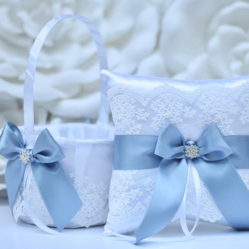 Dusty Blue Flower Girl Basket & Ring Bearer Pillow