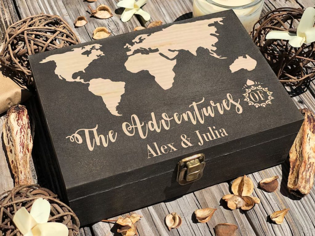 Dark Walnut Travel Themed Wedding Keepsake Box