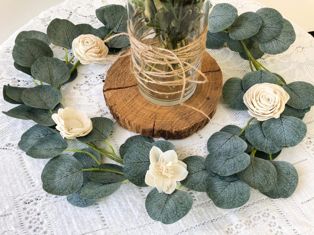Eucalyptus Wedding Centerpiece With Wood Flowers
