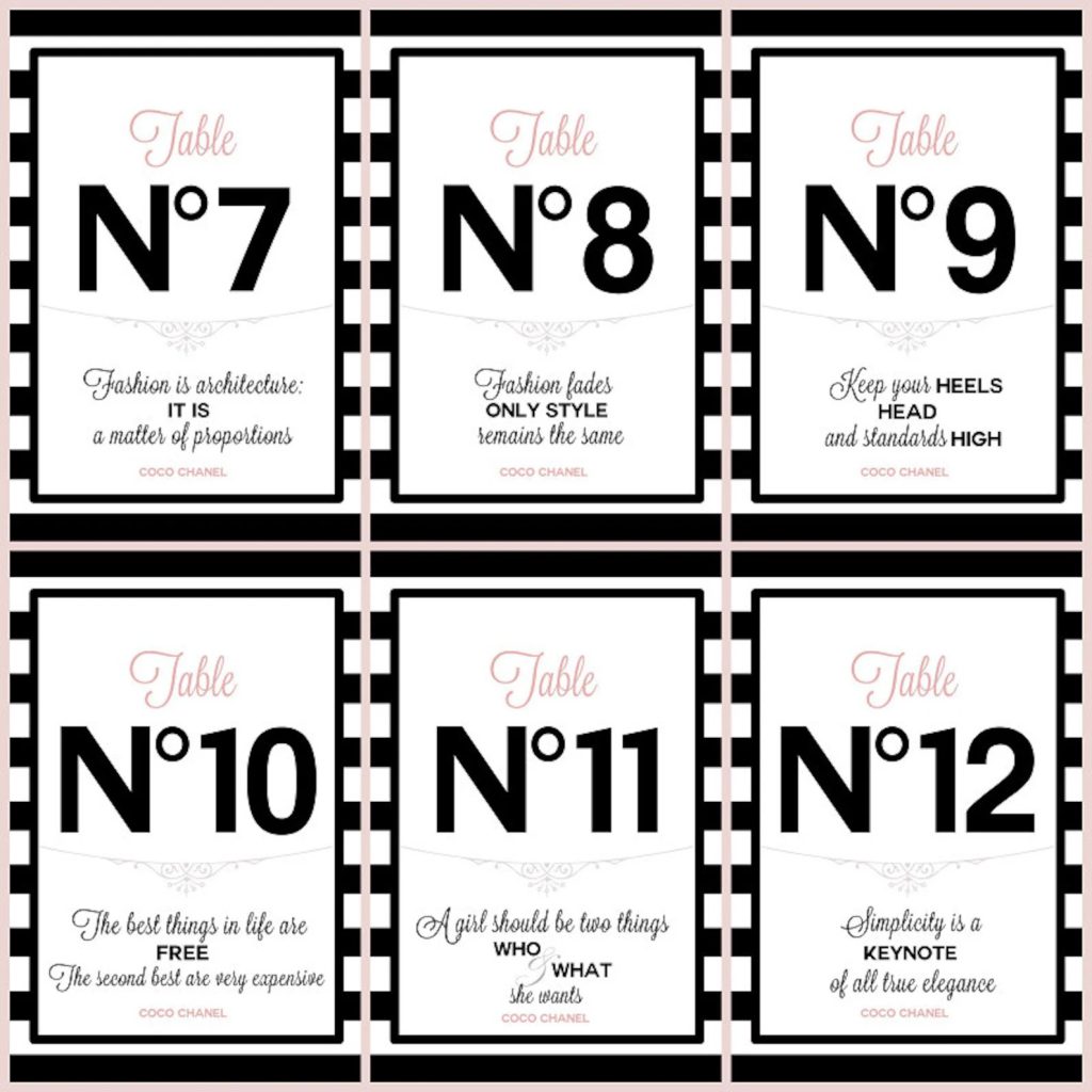 Coco Chanel Inspired Bridal shower Table Number Printable