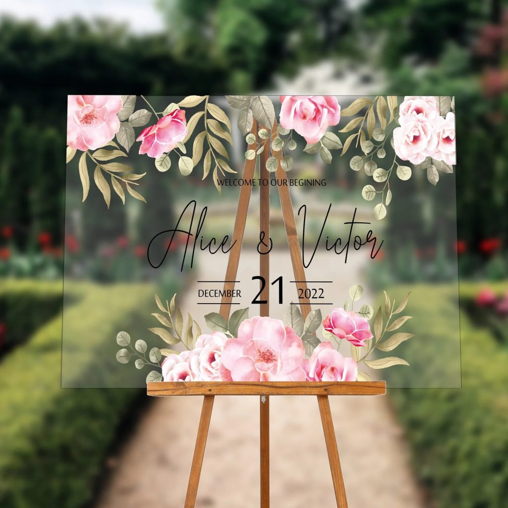 Pink Floral Acrylic Wedding Welcome Sign