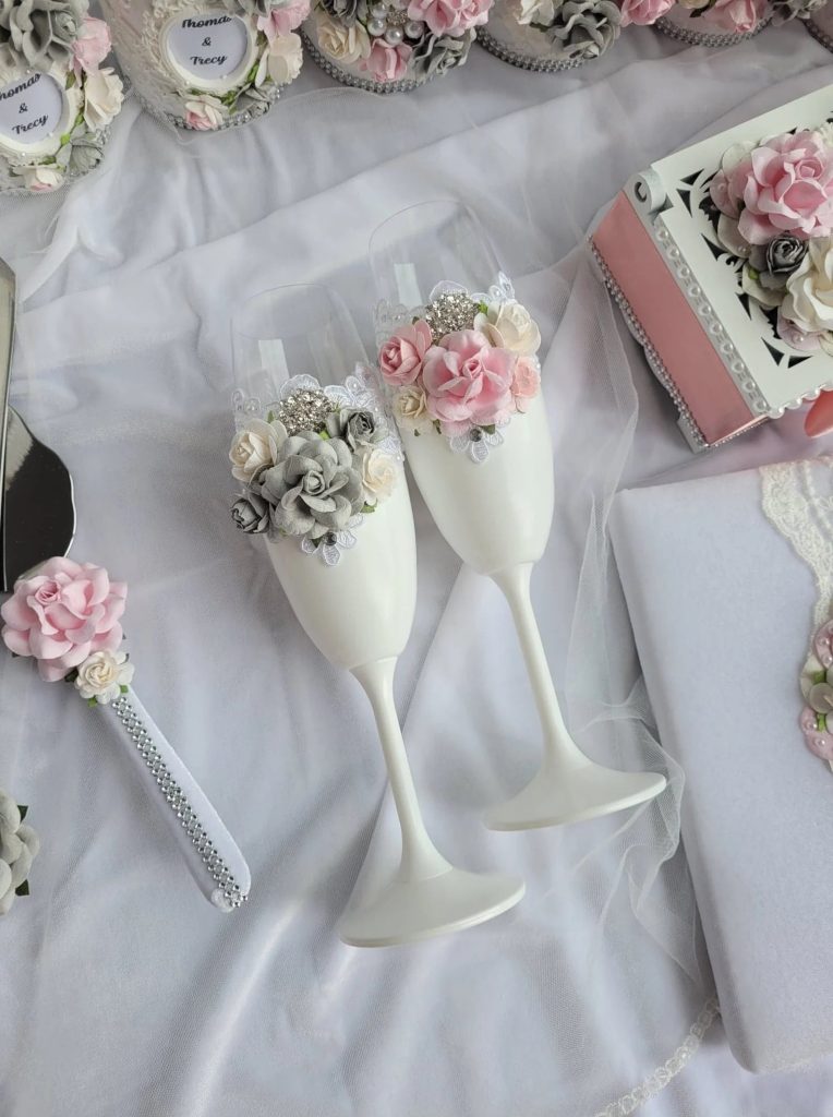Pink Floral Wedding Toasting Flutes