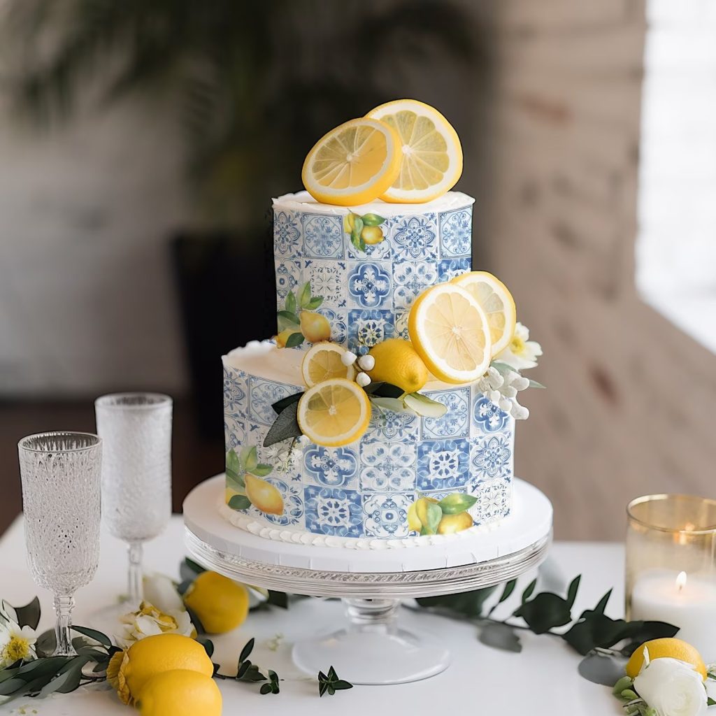 Blue Tile Lemon Yellow Cake Decor