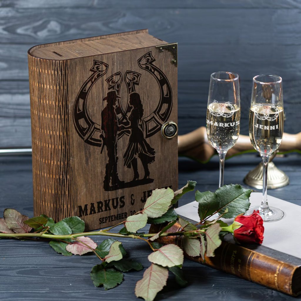 Cowboy Wedding Champagne Toasting Flutes in Wooden Box