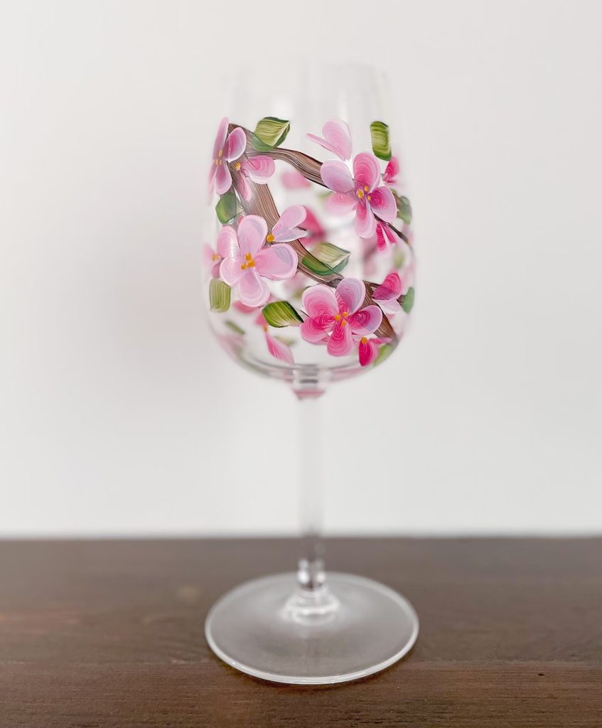 Cherry Blossom Painted Wine Glass