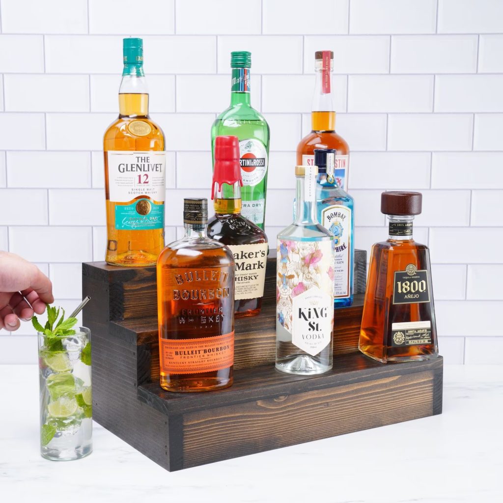 Tiered Liquor Bottle Shelf Stock-the-Bar Decor Idea