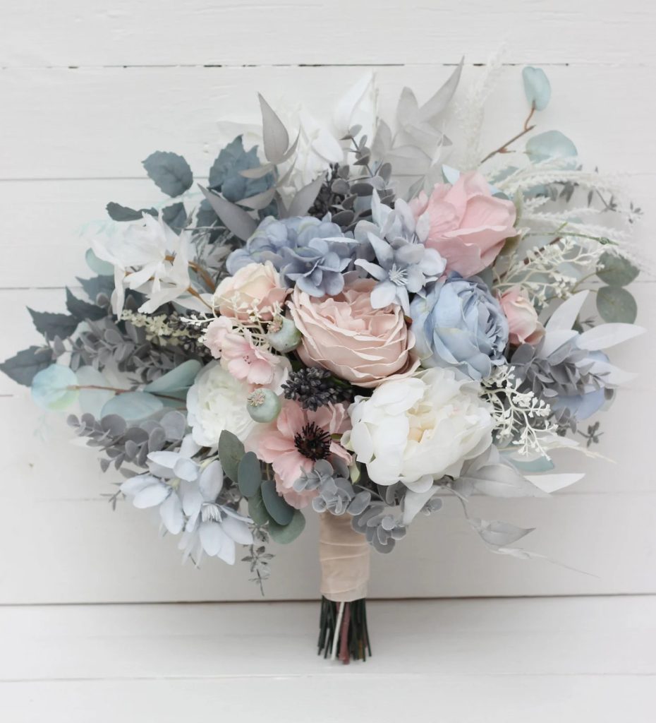 Dreamy Dusty Blue & Blush Pink Bridal Flower Bouquet