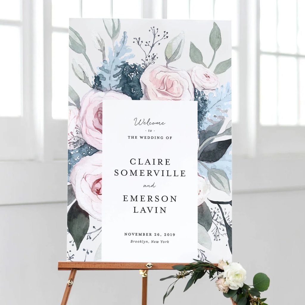 Dusty Blue & Blush Pink Flora Wedding Welcome Sign