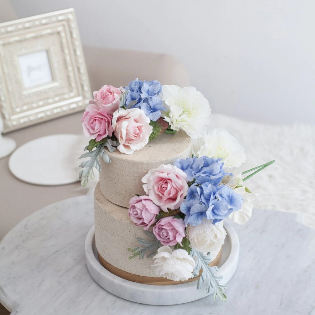 Dust Blue & Pink Paper Flower Wedding Cake Topper