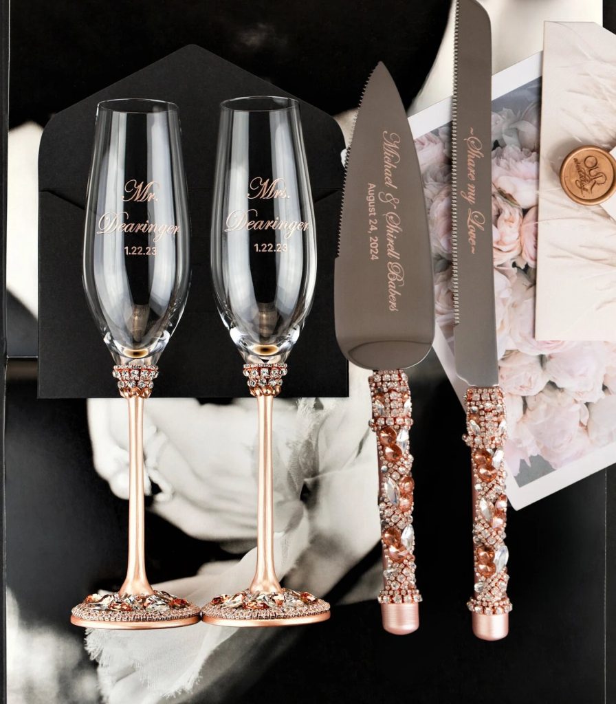 Luxurious Wedding Rose Gold Toasting Flutes & Cake Server Set