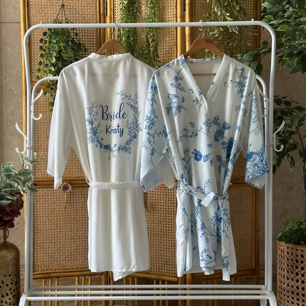 Marseille Blue Design Chinoiserie Bridesmaid Robes