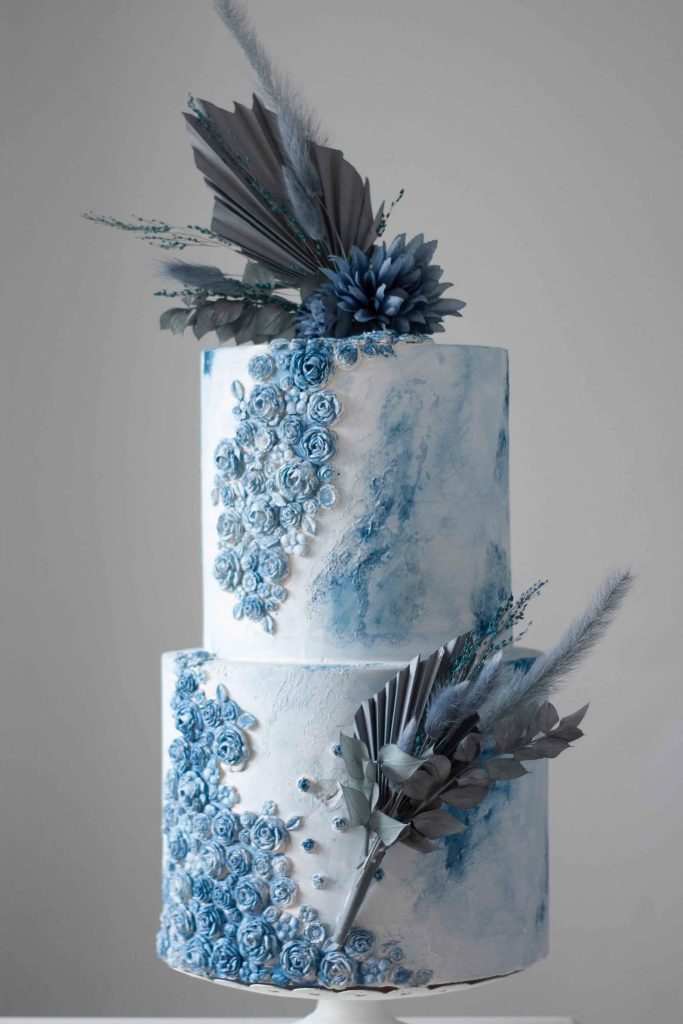 Dusty and Navy Blue Flower Wedding Cake Topper