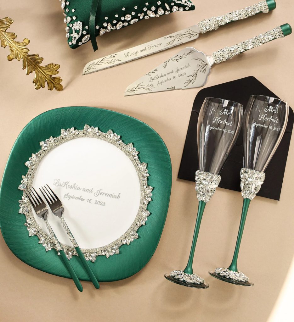 Rich Emerald Green Wedding Toasting Flutes - Cake Server Set
