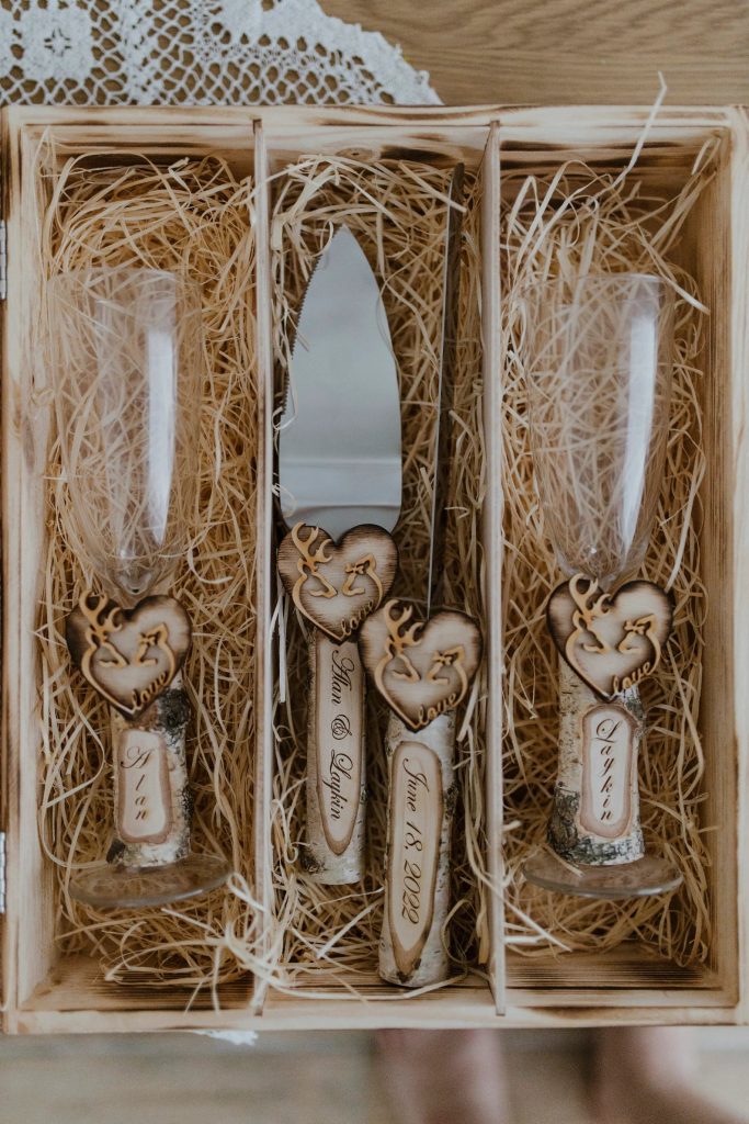 Wooden Wedding Toasting Flutes & Cake Server Set