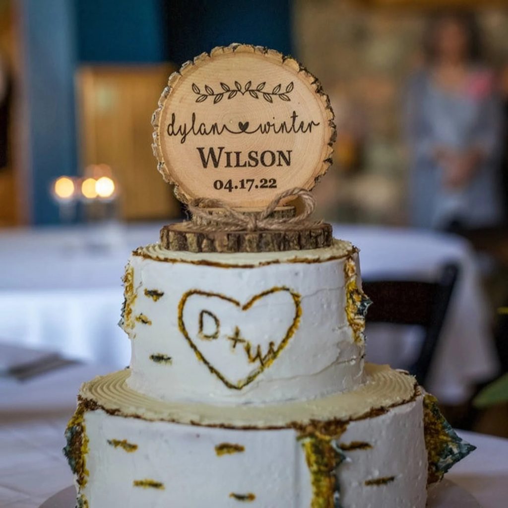 Dreamy Forest Wood Slice Wedding Cake Topper