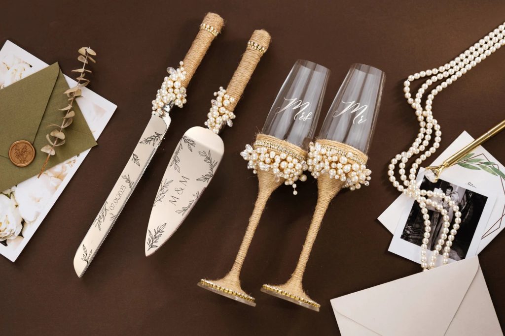 Bohemian Beach Wedding Toasting Flutes & Cake Server Set