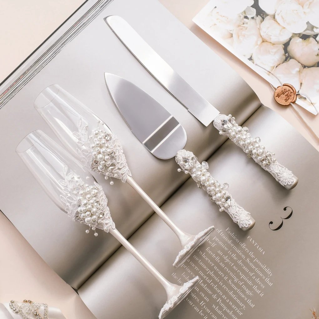 White Wedding Toasting Flutes & Cake Server 