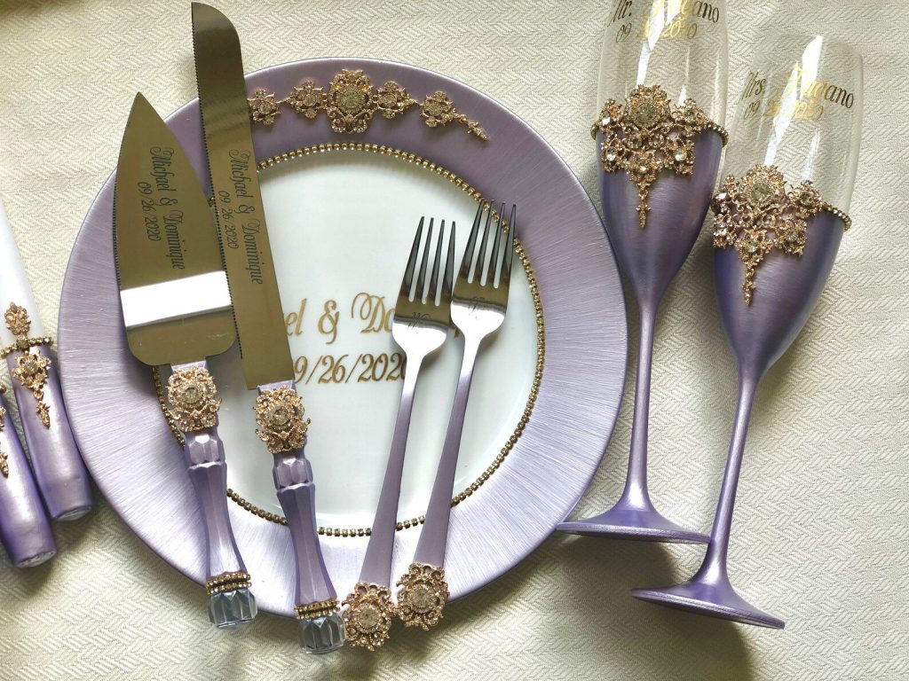 Purple & Gold Wedding Toasting Flutes & Cake Server Set