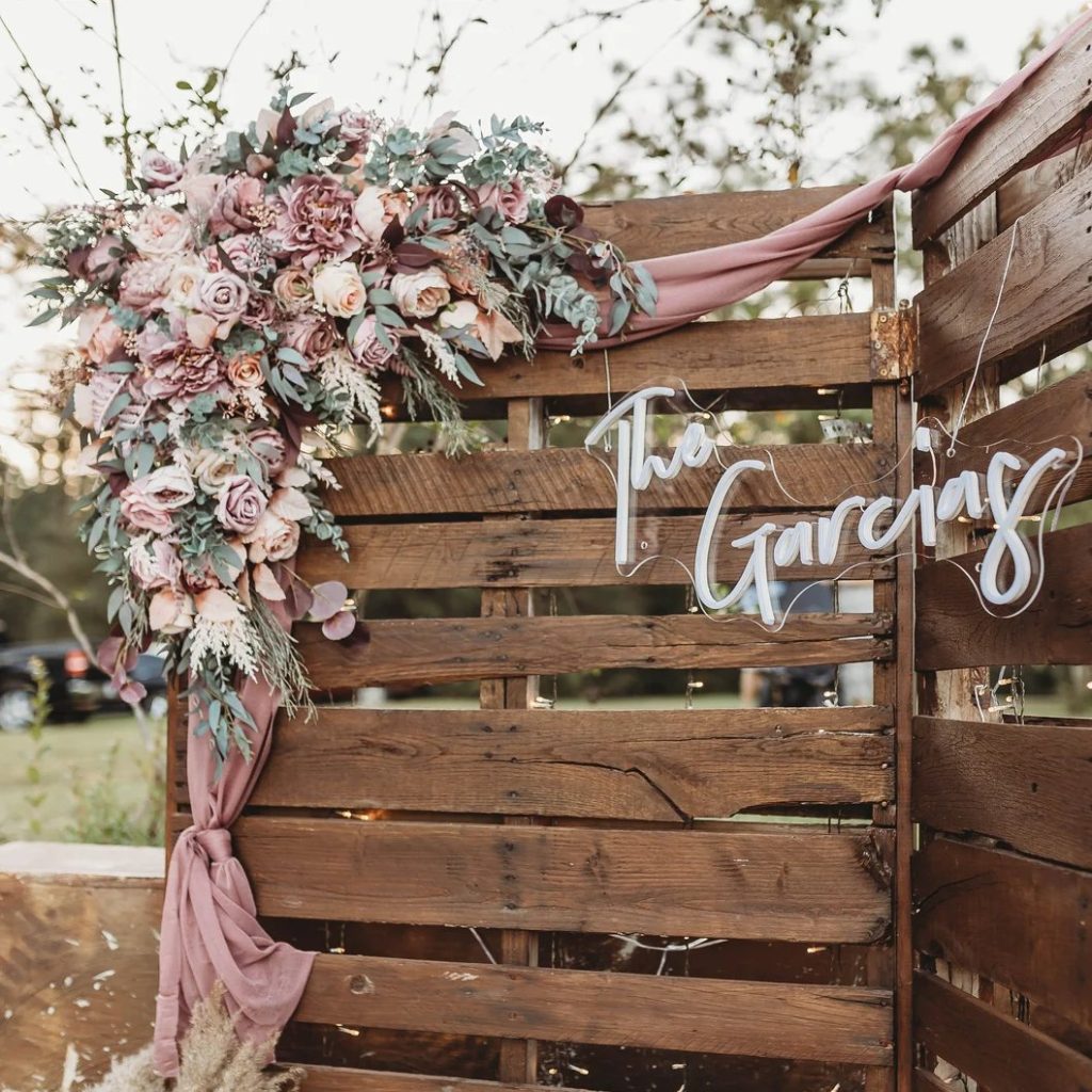 Dusty Rose Mauve Flower Wedding Arch Arrangement.