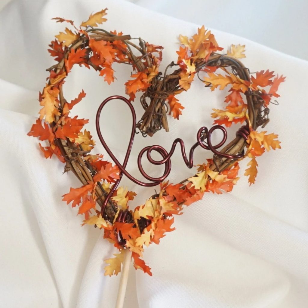 Fall Leave Heart Shaped Wedding Cake Topper