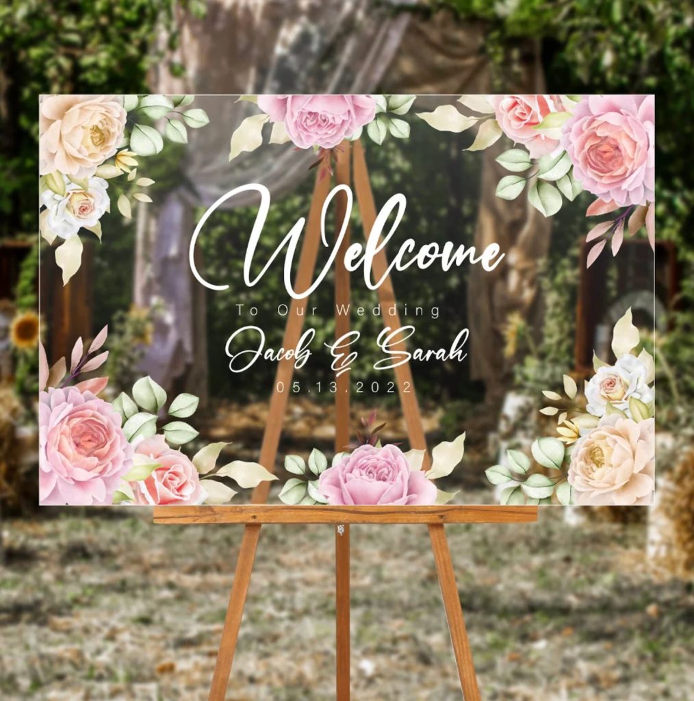 Floral Pink Acrylic Wedding Welcome Sign