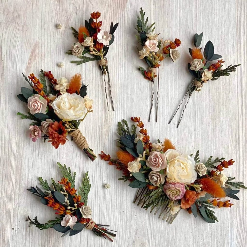 Terracotta fall wedding Hair Pin, Hair Comb & Boutonniere