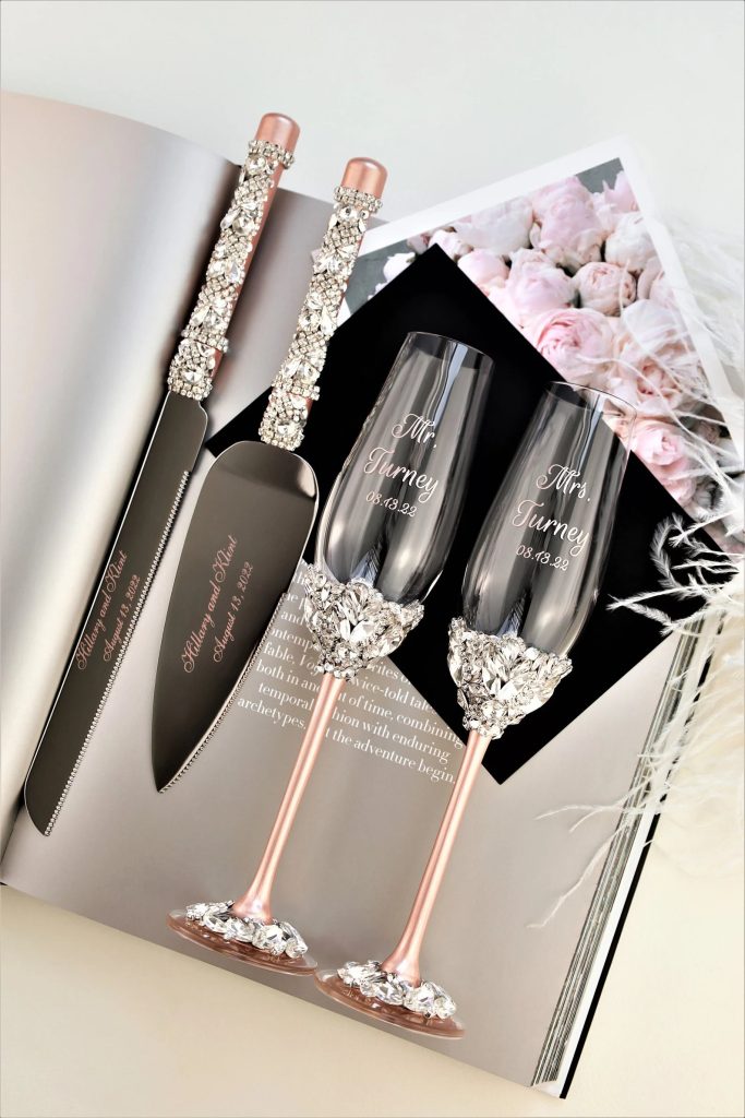 Blush Pink Wedding Toasting Flutes & Cake Server Set