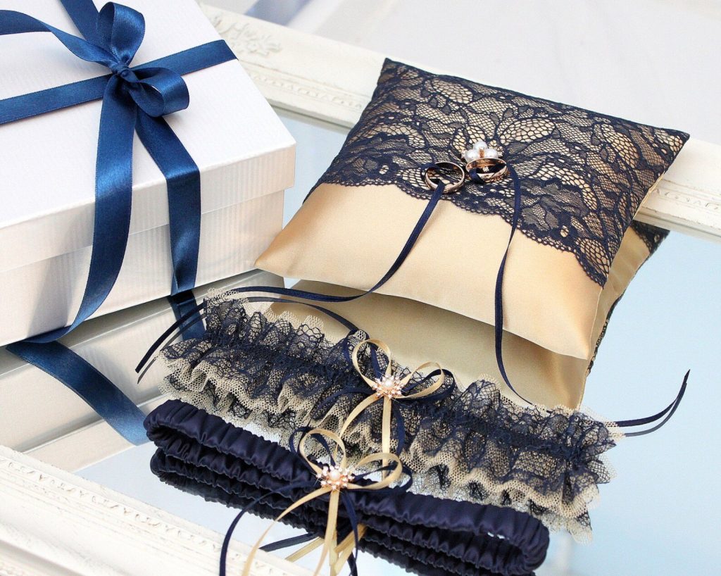 Navy Blue & Gold Bridal Garter Set and Ring Bearer Pillow