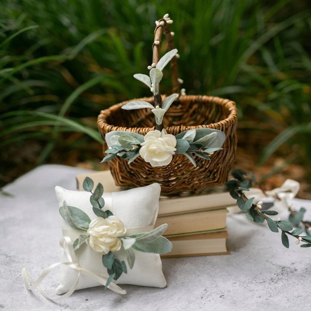 Rustic Romance Flower Girl Basket & ring Bearer Pillow