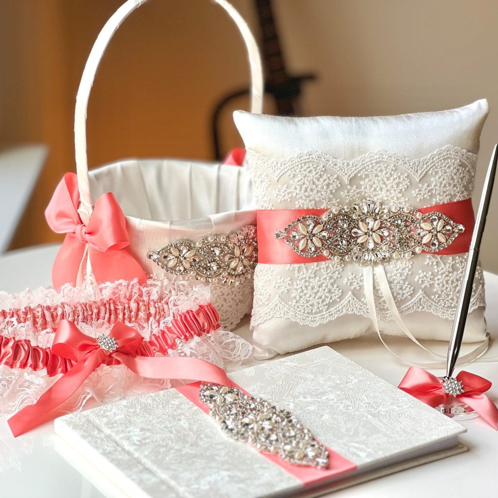 Coral Wedding Guest Book, Flower Girl Basket & Ring Bearer Pillow.