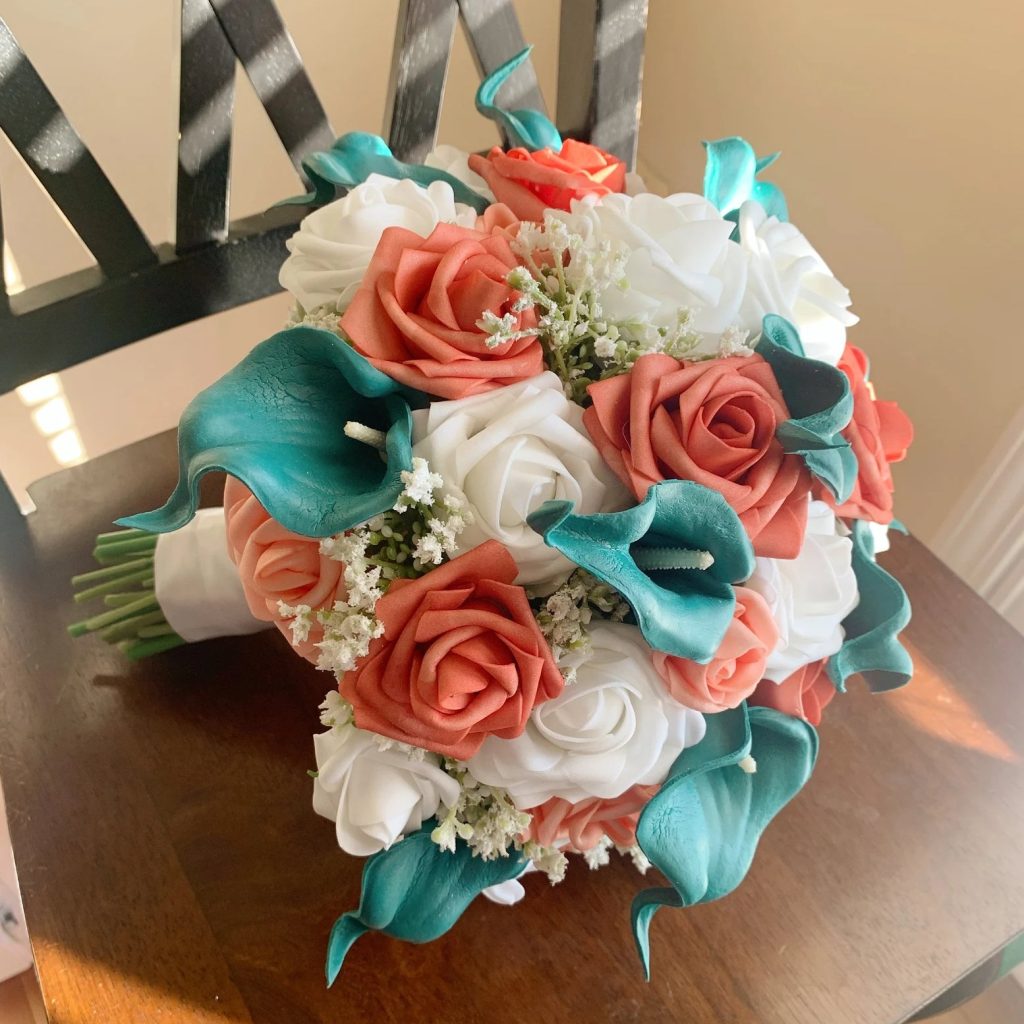 Teal & Coral Bridal Flower Bouquet