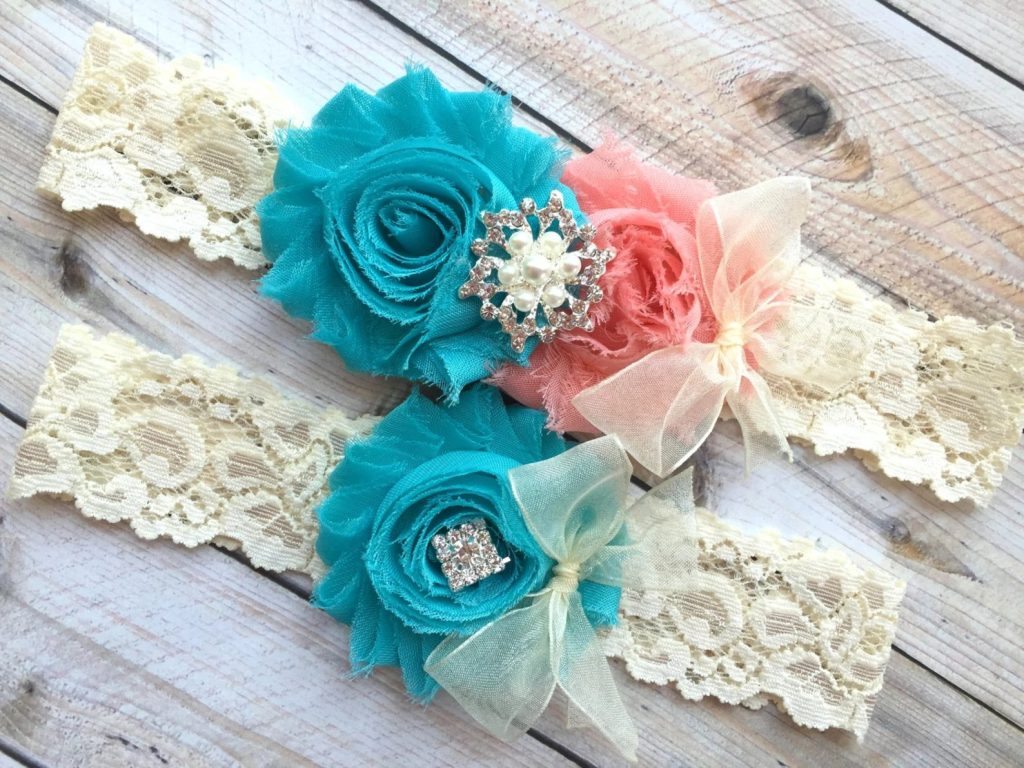 Turquoise & Coral Bridal Garter Set