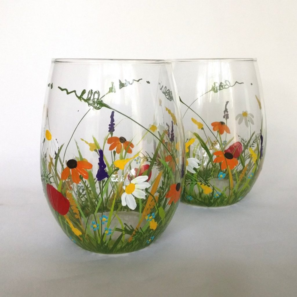 Hand Painted Wildflower Stemless Wine Glasses & Wedding Toasting Flutes