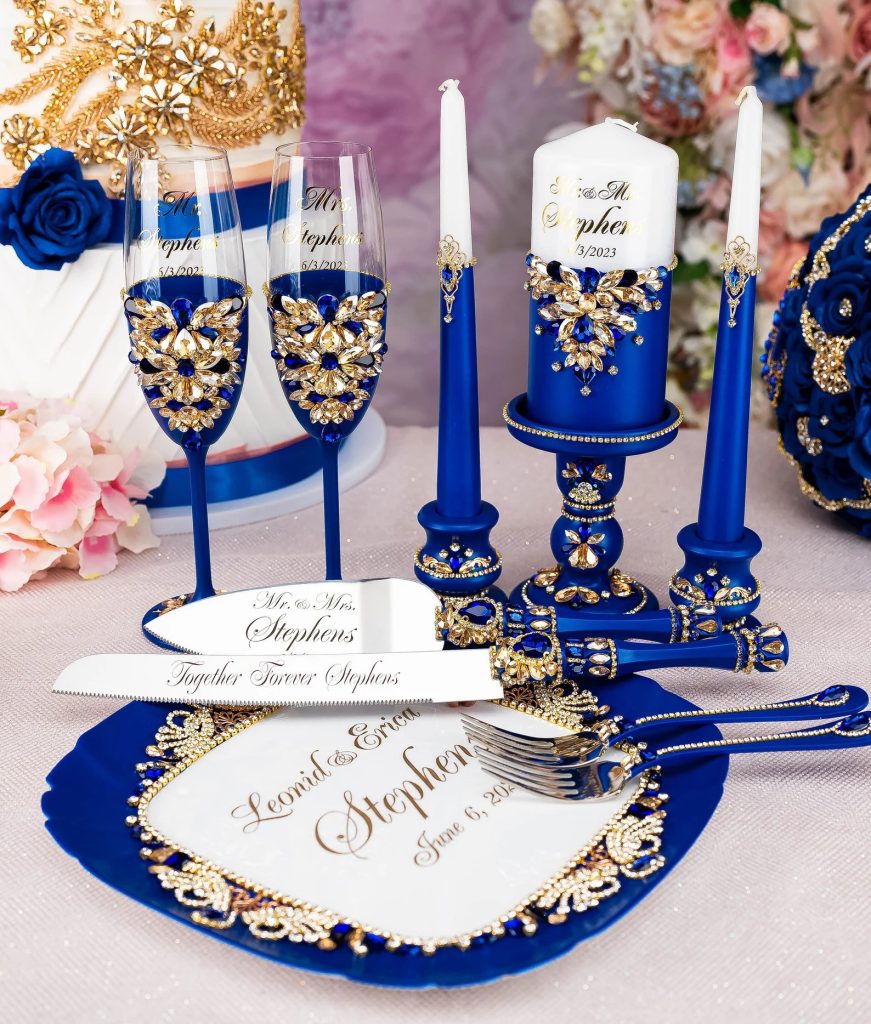 Royal Blue Wedding Accessories: Toasting Flutes, Cake Server Set, Guest Book, Unity Candle Ceremony Set, Cake Plates and forks.