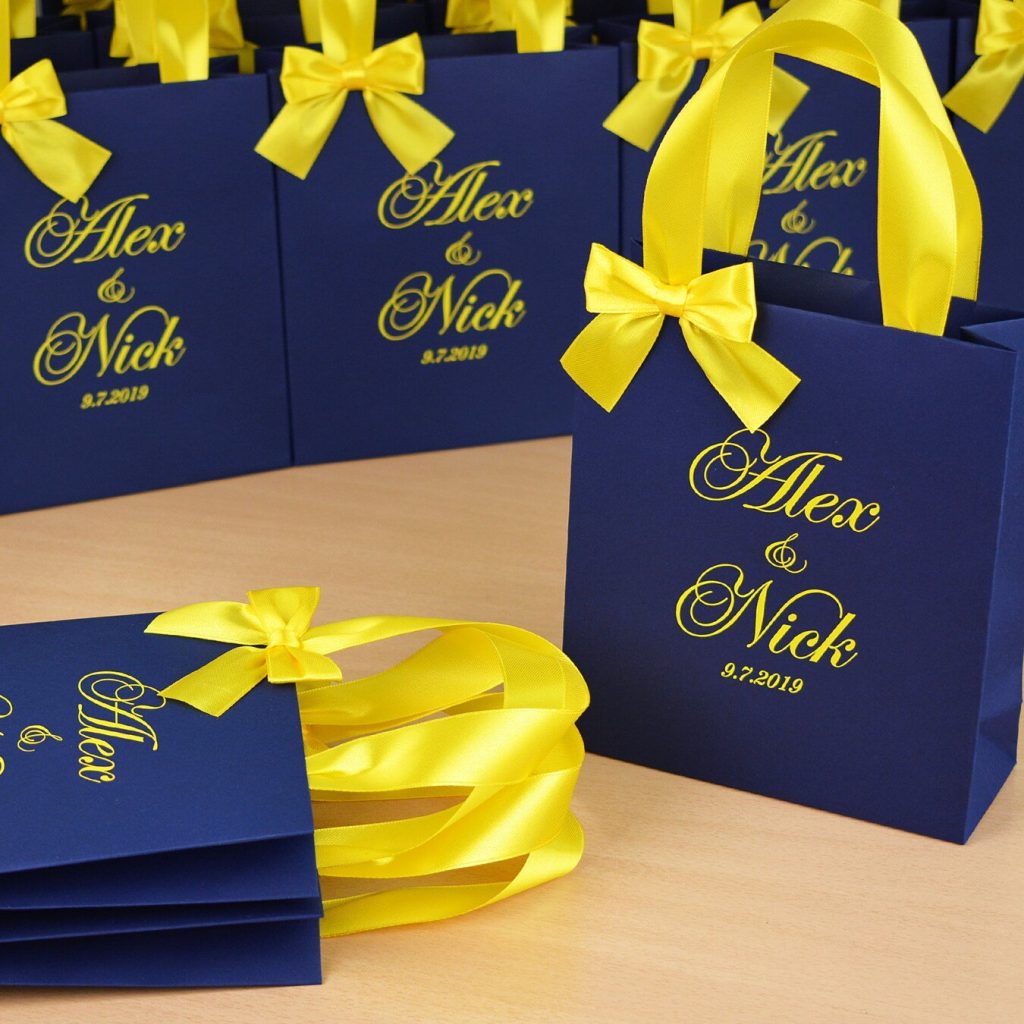 Personalized Navy Blue & Yellow Wedding Welcome Bags