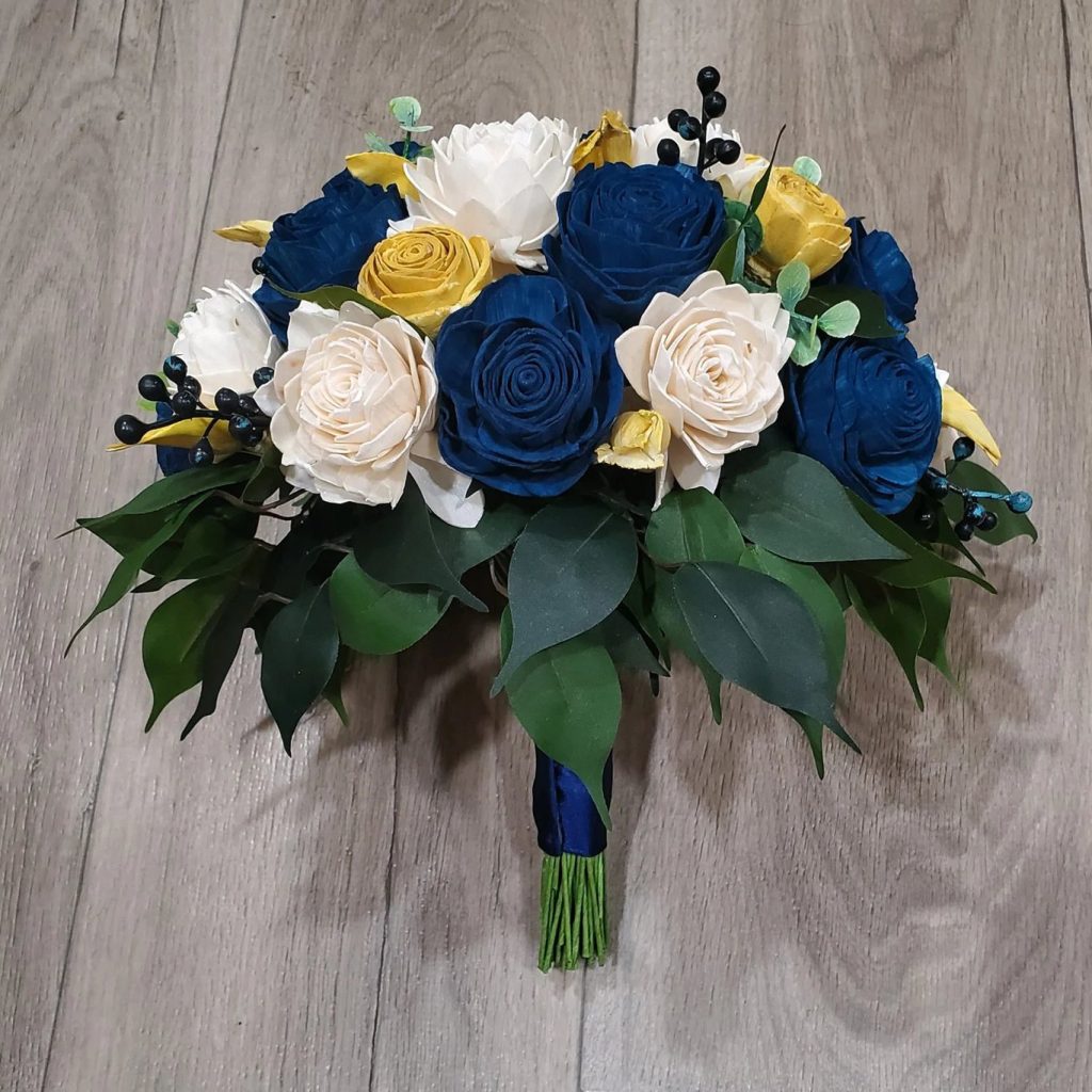 Navy Blue & Yellow Sola Wood Bridal Flower Bouquet